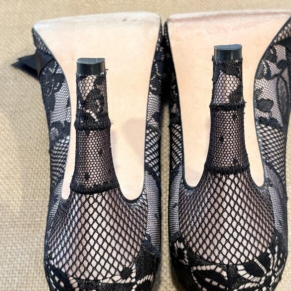 Beverly Feldman Shoes Womens 6 Lace Bow Peep Toe Heels Fishnet Whimsigoth - Picture 14 of 16